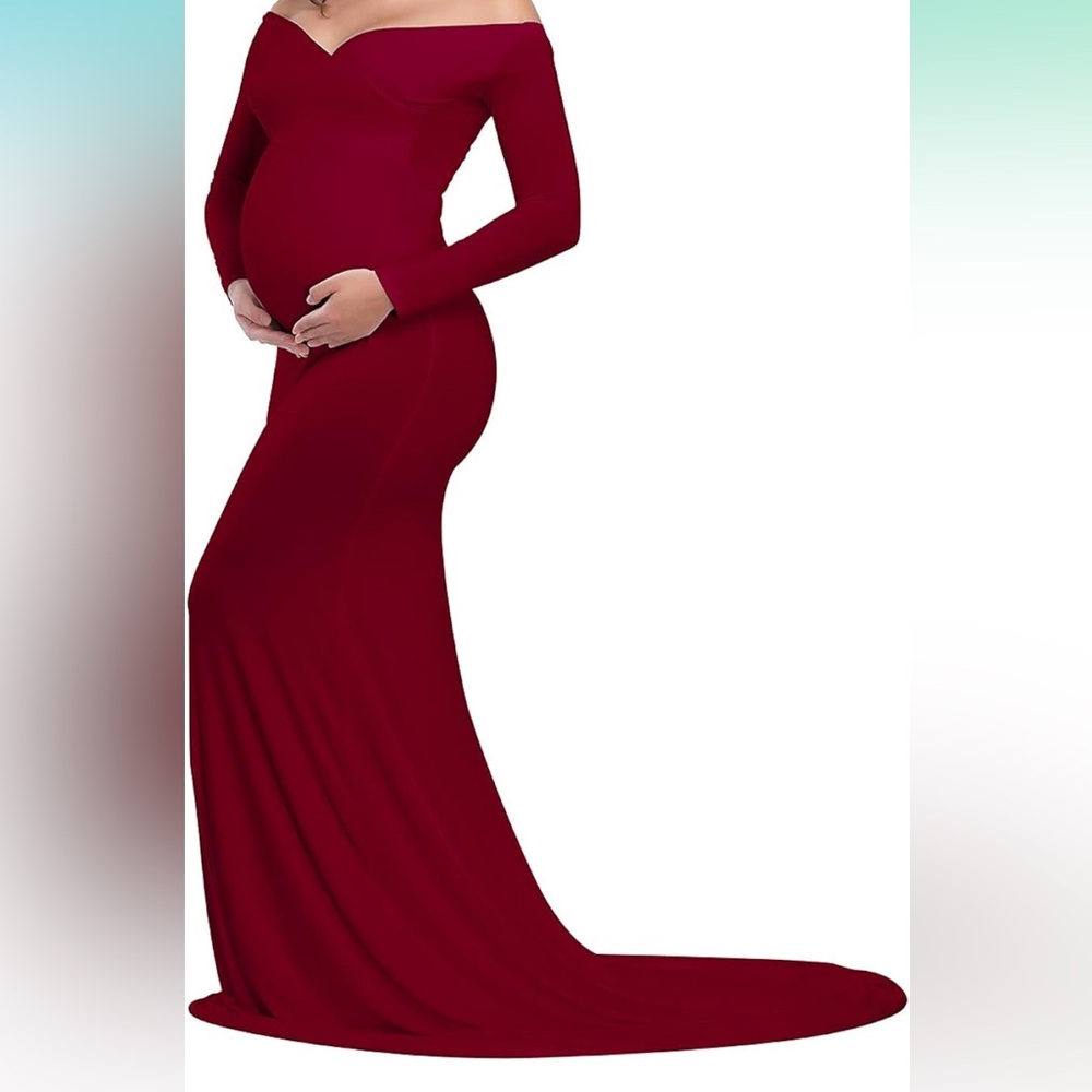 Maternity Elegant Fitted Maternity Gown Long Sleeve  V Neck  with Train